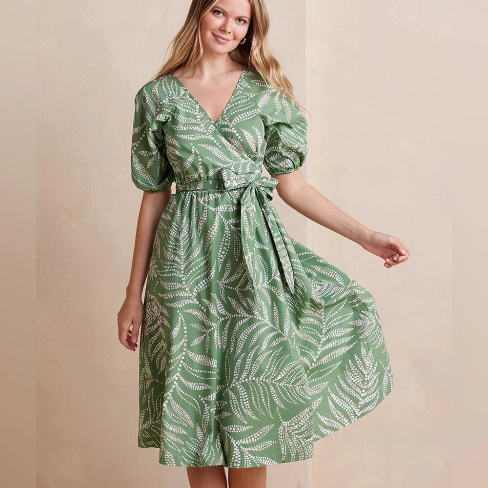 SUMMERSALT size L The Coastal Poplin Puff-Sleeve Wrap Midi Dress green - Picture 1 of 5
